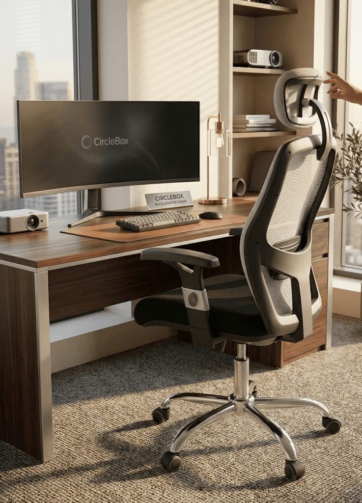 CircleBox Accelerator ergonomic office chair with mesh back, adjustable headrest, and chrome base.