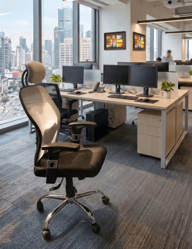 CircleBox Accelerator ergonomic office chair with mesh back, adjustable headrest, and chrome base.