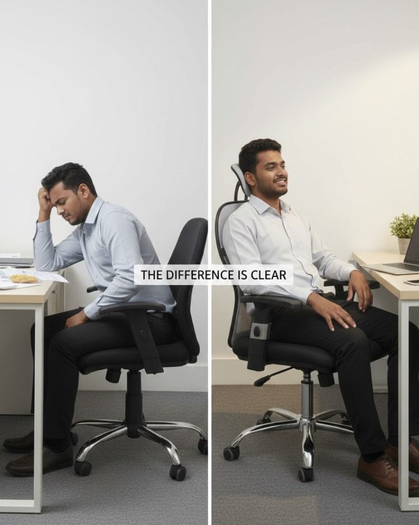 Office chair for back pain relief showing poor sitting posture compared to an ergonomic office chair with proper lumbar support