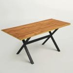 X frame office table with wooden top and black metal legs for modern workspace