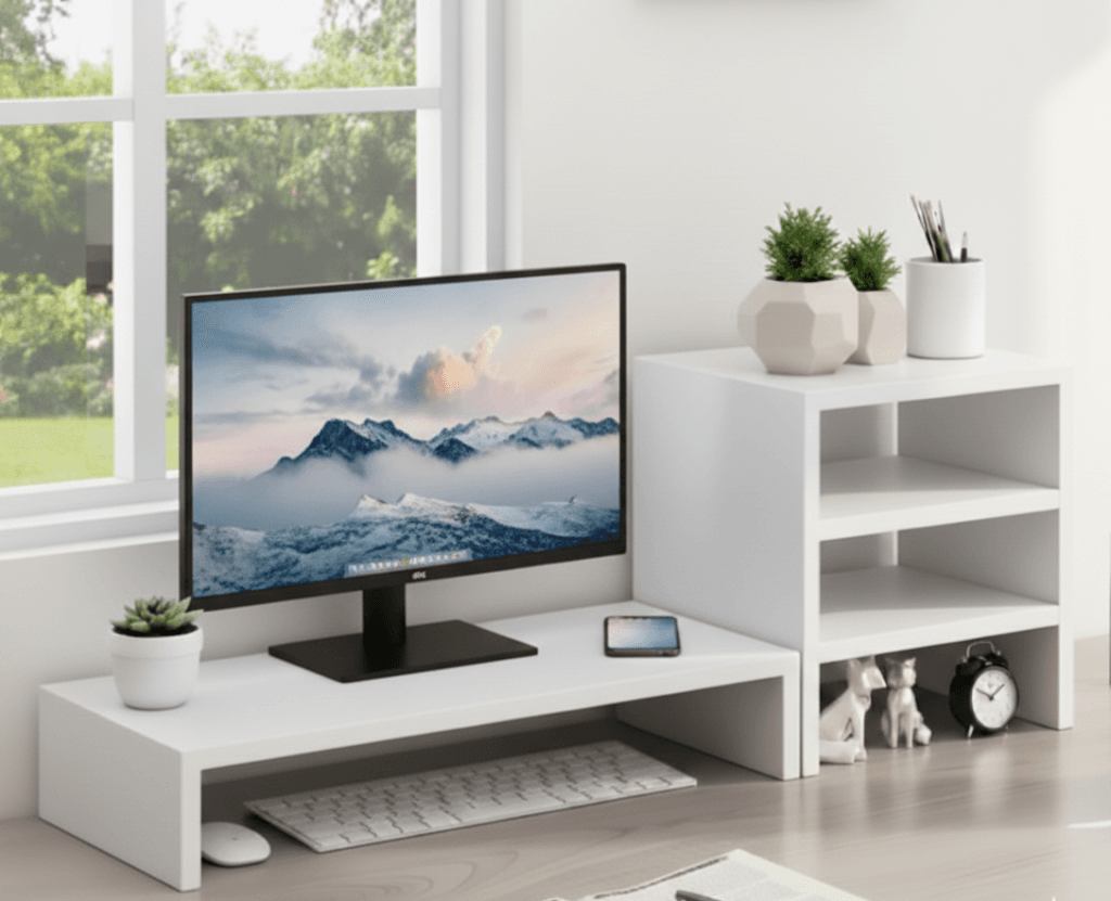 Modern white wooden desk organizer with monitor riser and side storage shelf, space-saving home office setup