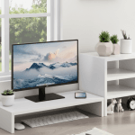 Modern white wooden desk organizer with monitor riser and side storage shelf, space-saving home office setup