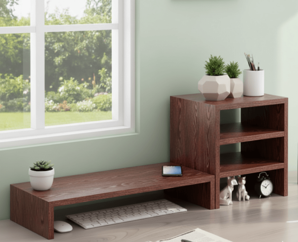 Modern desk organizer with monitor riser showing size dimensions for storage shelf and desk stand