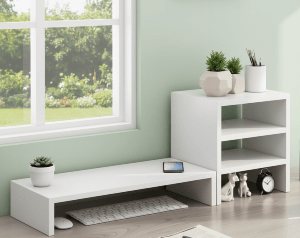 Modern white wooden desk organizer with monitor riser and side storage shelf, space-saving home office setup