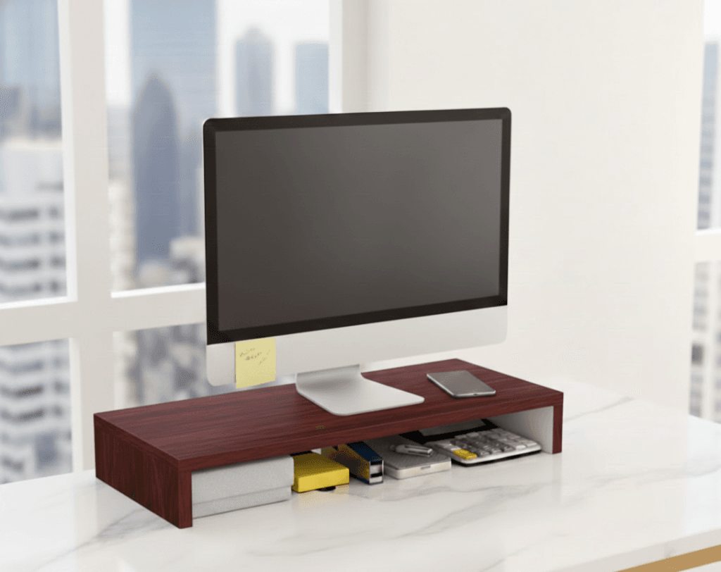 Modern desk organizer with monitor riser showing size dimensions for storage shelf and desk stand