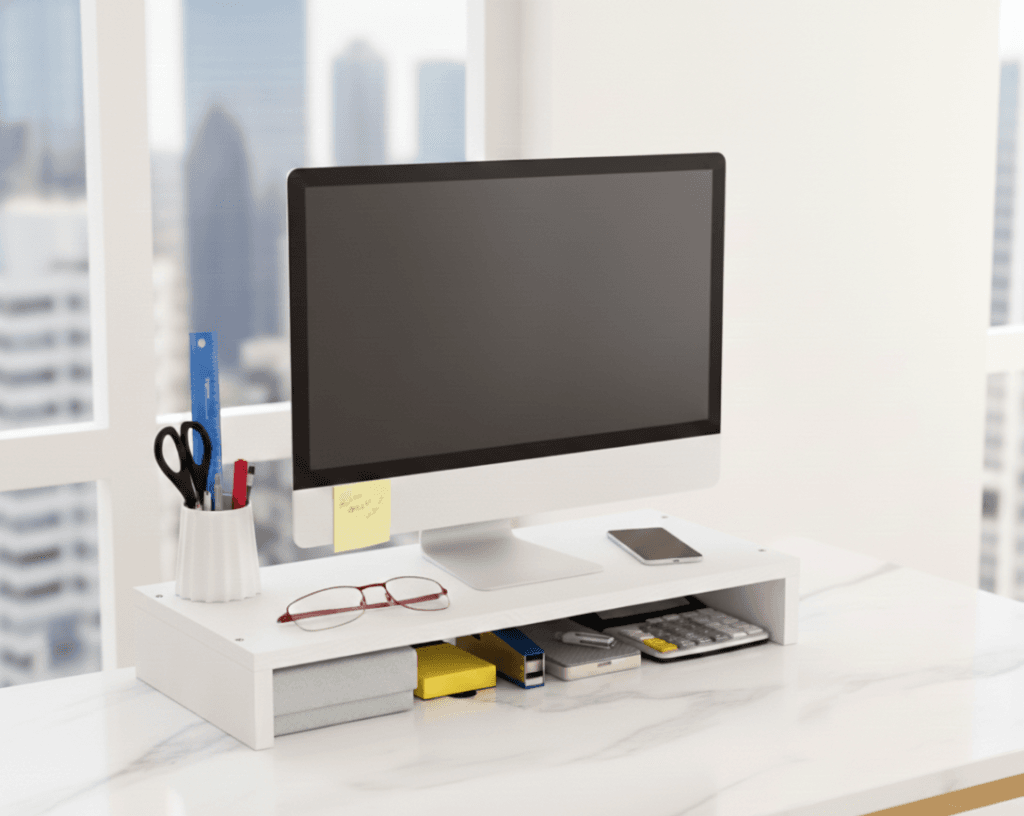 Modern desk organizer with monitor riser showing size dimensions for storage shelf and desk stand