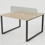 Office workstation desk with wooden tabletop, metal frame and privacy panel for modern workspace